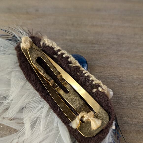 Genuine Feather Hair Clip Handmade Blue White Flapper Peacock Snap Barrette 20s - Picture 5 of 5